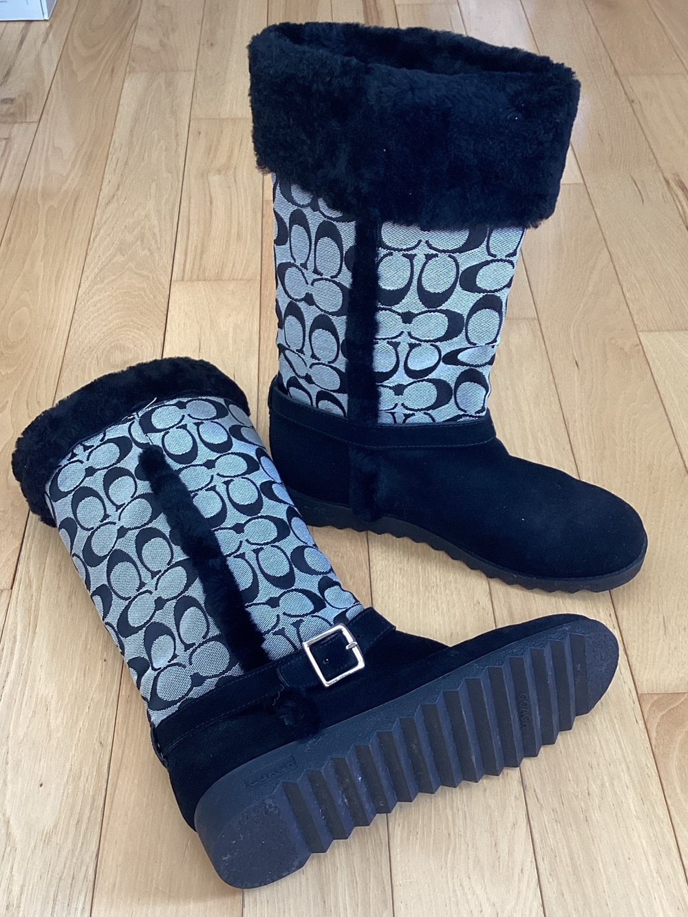 Coach black canvas with faux fur trim winter boots. Women’s size 9